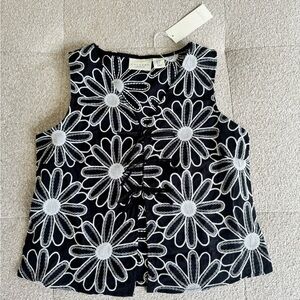 Calypso St. Barth Black Embroidered Daisy Tie Front Top Size S Boho Cotton NWT